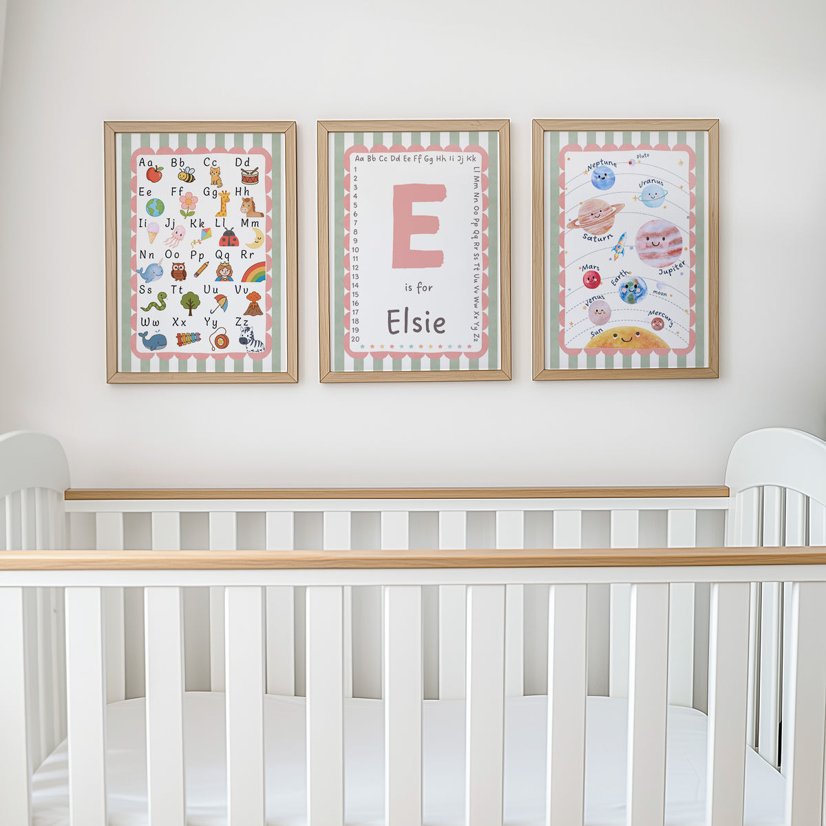 Personalised Alphabet, Initial & Solar System Nursery Prints | Set of 3