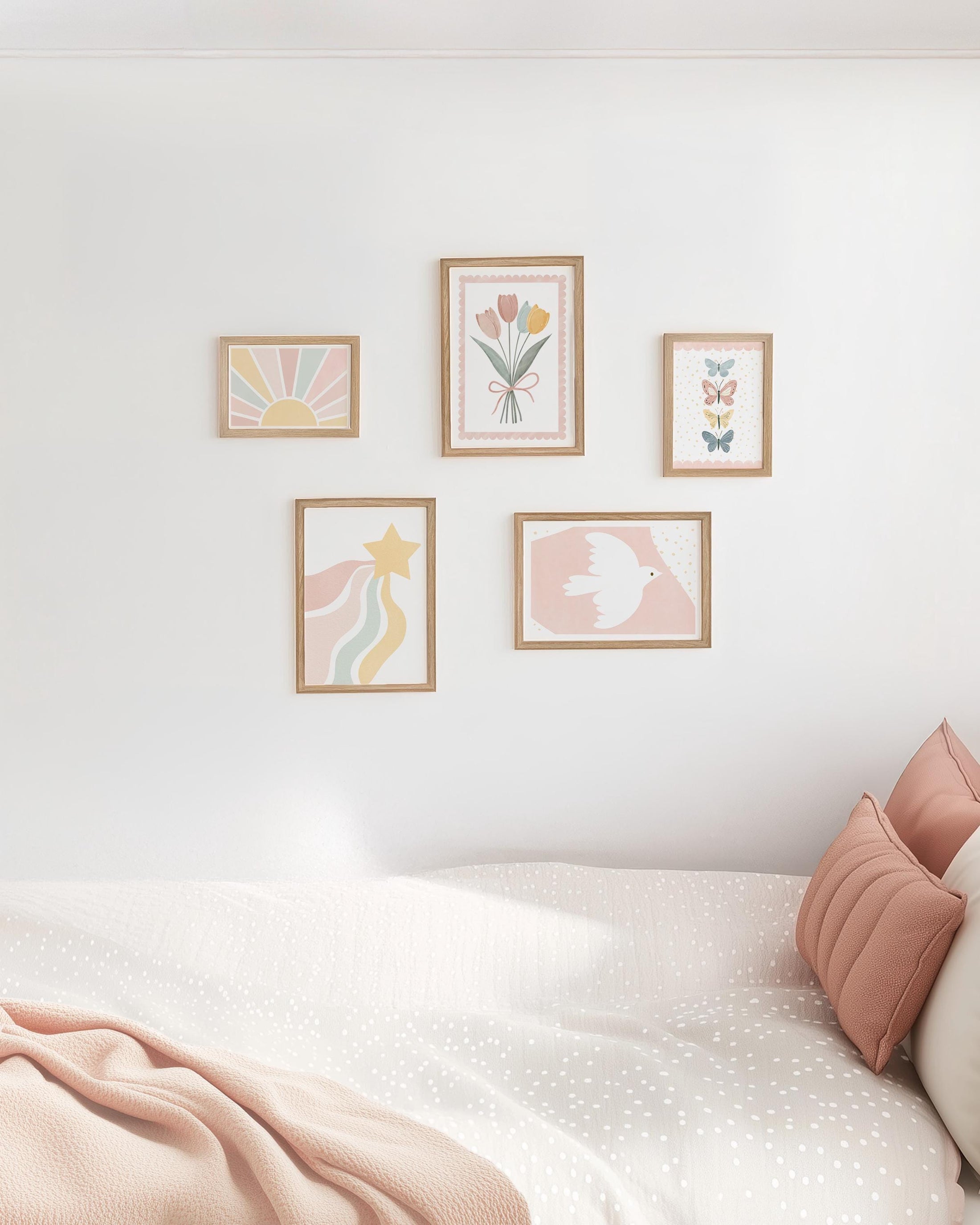 Pastel Nursery Gallery Wall Art – Tulips, Dove & Butterflies