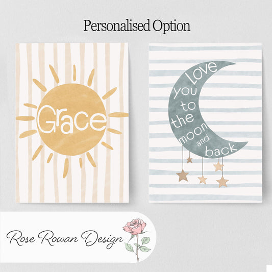 Boho Moon & Sun Nursery Prints – Gender Neutral Wall Art for Baby's Room & Playroom - RoseRowanDesign