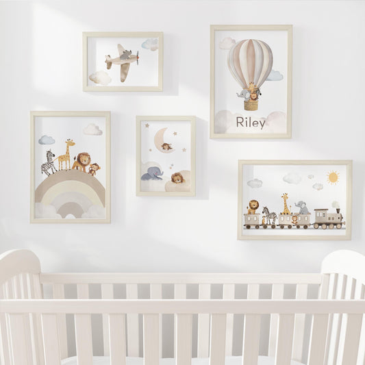 Neutral Safari Nursery Gallery Wall Art – Personalised Animal Prints