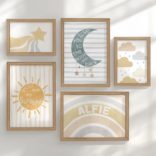 Boho Celestial Nursery Gallery Wall Art – Moon, Sun & Star Prints