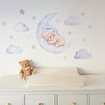 Load image into Gallery viewer, Blue teddy bear moon and stars fabric wall stickers above a nursery changing table
