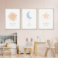 Load image into Gallery viewer, Boho Nursery Prints | Set of 3 Celestial Prints | Sun, Moon & Stars Art for Baby Girl's Room - RoseRowanDesign - Wall Art
