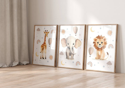 Boho Safari Animal Nursery Prints | Set of 6 | Wildflower Floral Wall Art for Baby Girl's Room - RoseRowanDesign - 