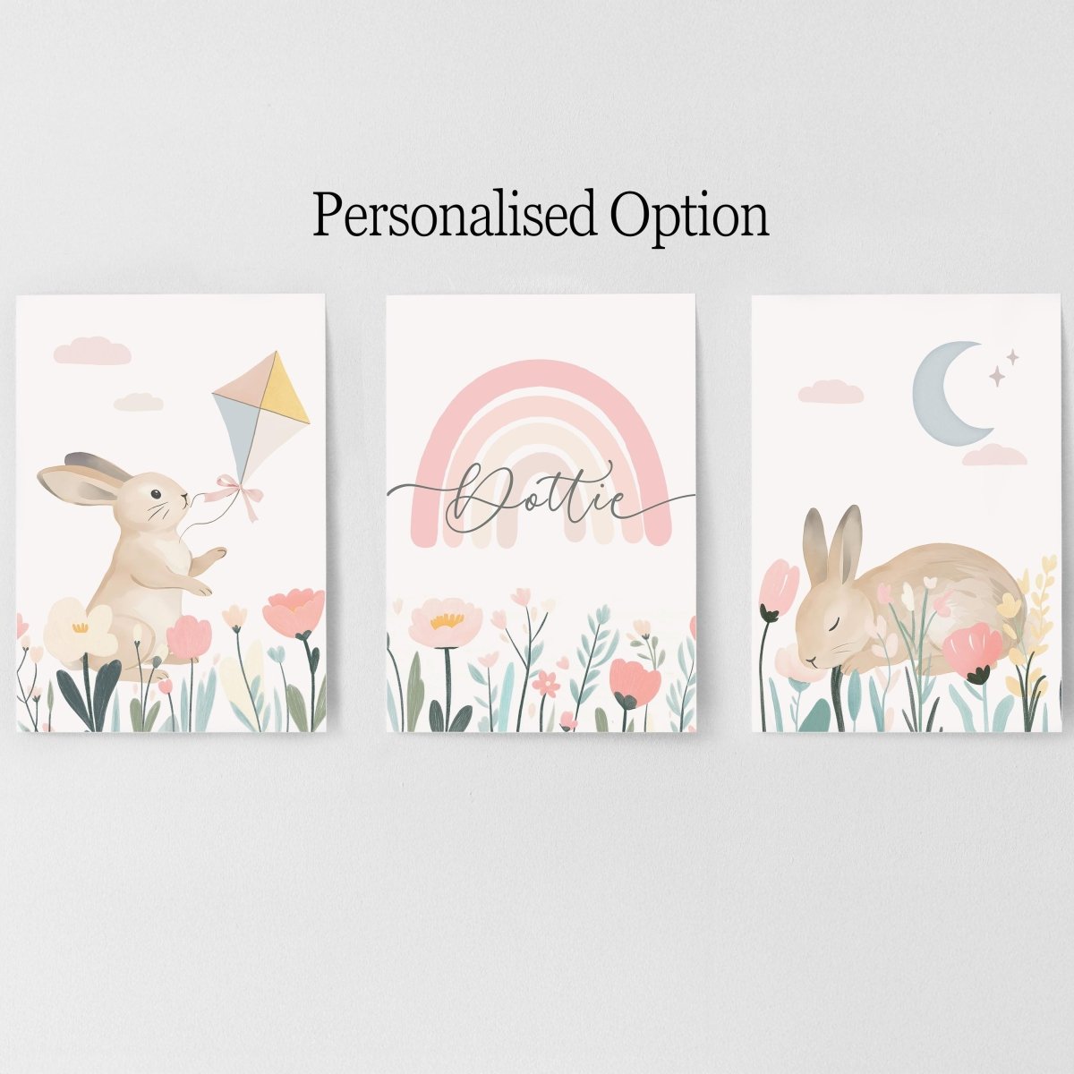 Bunny Nursery Wall Art Set - Woodland Rabbit Prints for Baby Girl Room Decor in Pastel Colors - RoseRowanDesign - 
