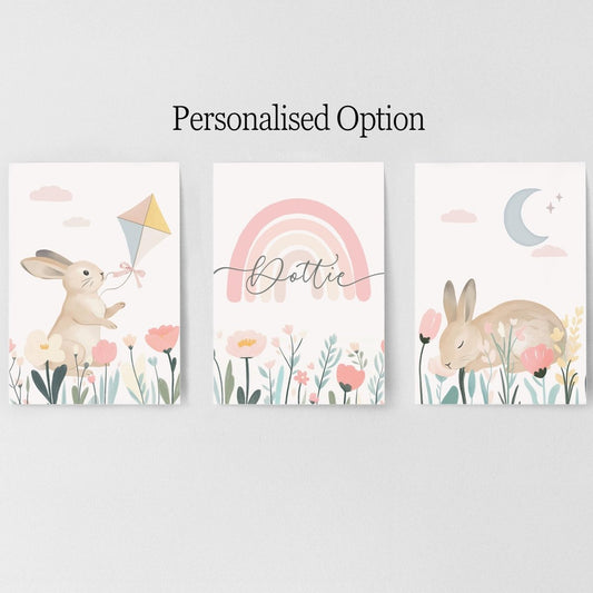 Bunny Nursery Wall Art Set - Woodland Rabbit Prints for Baby Girl Room Decor in Pastel Colors - RoseRowanDesign - 