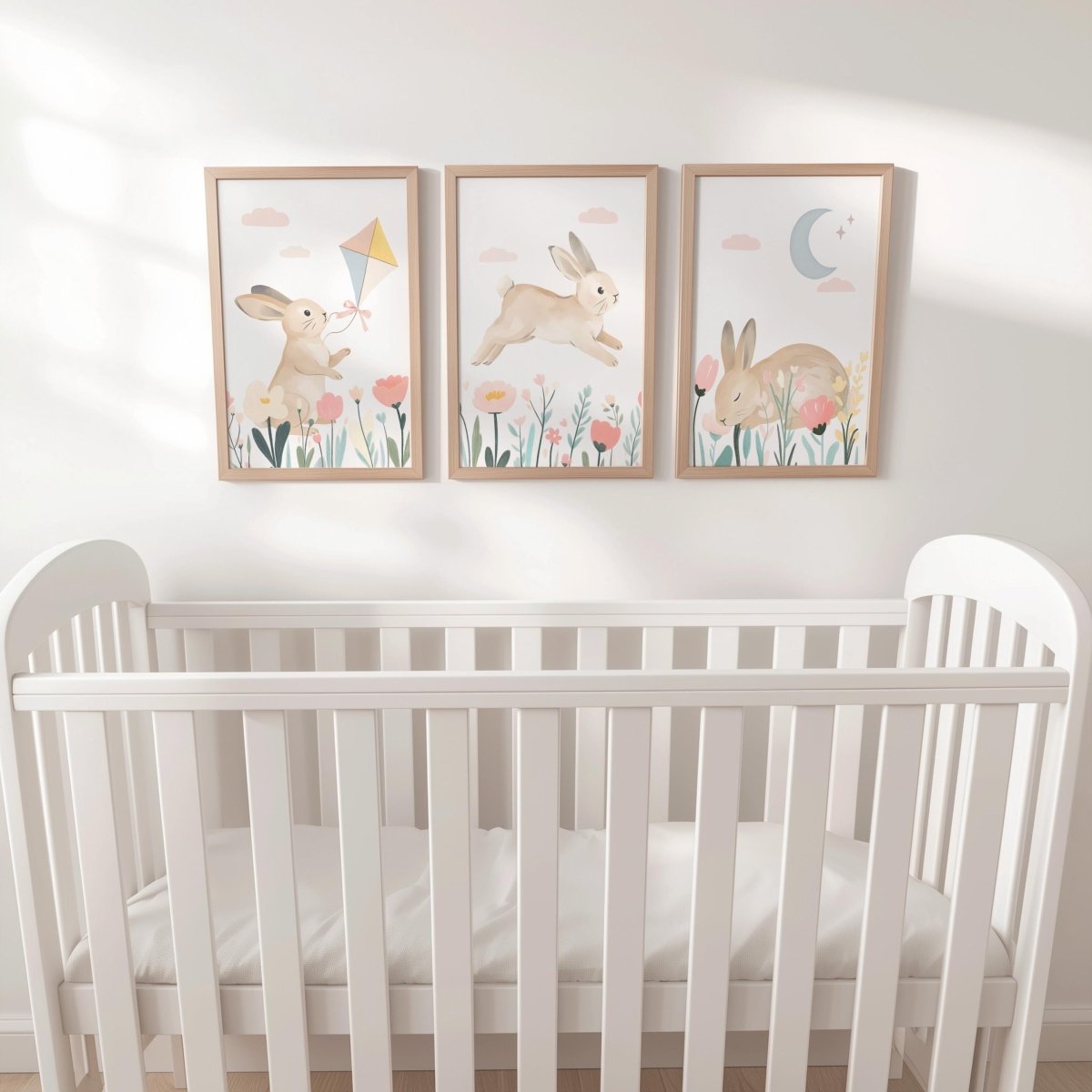 Bunny Nursery Wall Art Set - Woodland Rabbit Prints for Baby Girl Room Decor in Pastel Colors - RoseRowanDesign - 