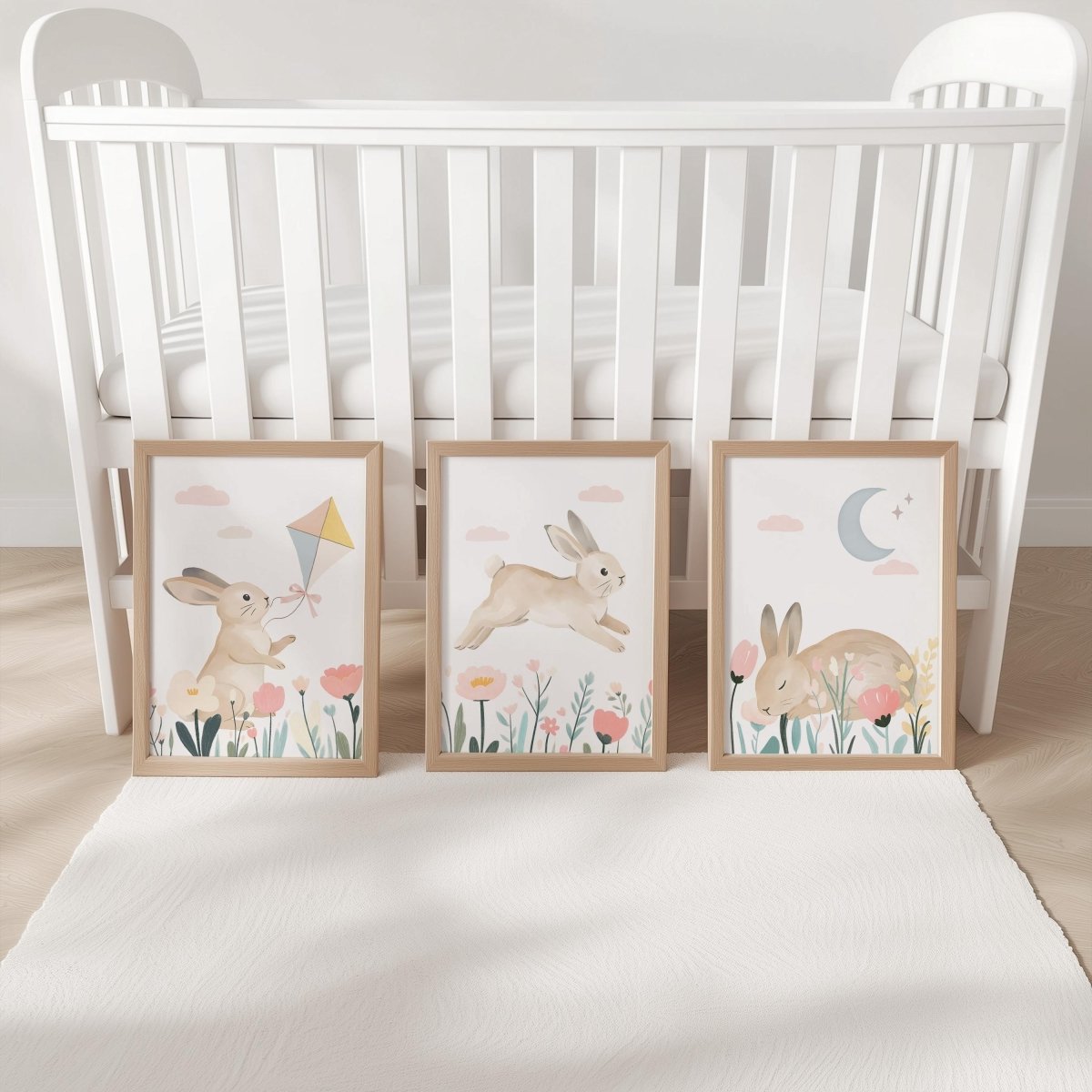Bunny Nursery Wall Art Set - Woodland Rabbit Prints for Baby Girl Room Decor in Pastel Colors - RoseRowanDesign - 