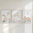 Load image into Gallery viewer, Bunny Nursery Wall Art Set - Woodland Rabbit Prints for Baby Girl Room Decor in Pastel Colors - RoseRowanDesign - 
