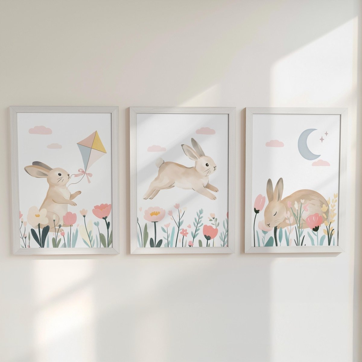 Bunny Nursery Wall Art Set - Woodland Rabbit Prints for Baby Girl Room Decor in Pastel Colors - RoseRowanDesign - 