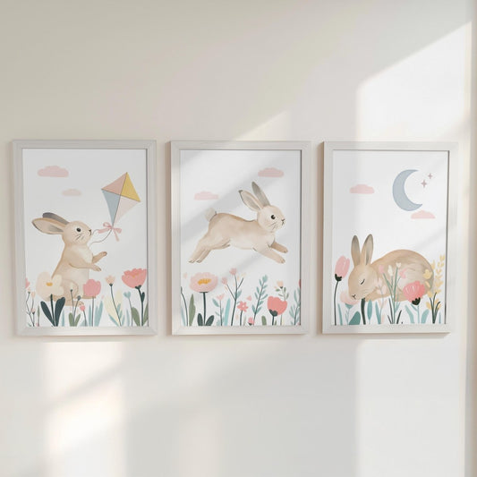 Bunny Nursery Wall Art Set - Woodland Rabbit Prints for Baby Girl Room Decor in Pastel Colors - RoseRowanDesign - 