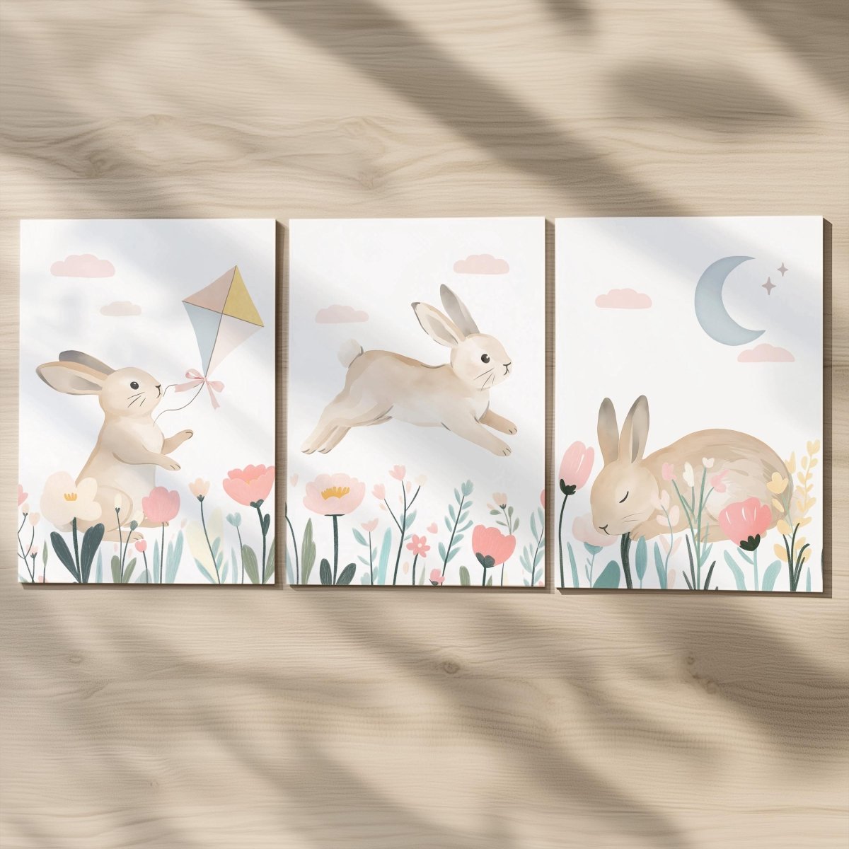 Bunny Nursery Wall Art Set - Woodland Rabbit Prints for Baby Girl Room Decor in Pastel Colors - RoseRowanDesign - 