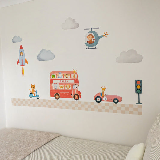 Animal Adventure Road Wall Stickers | Removable Fabric Nursery Scene Decals