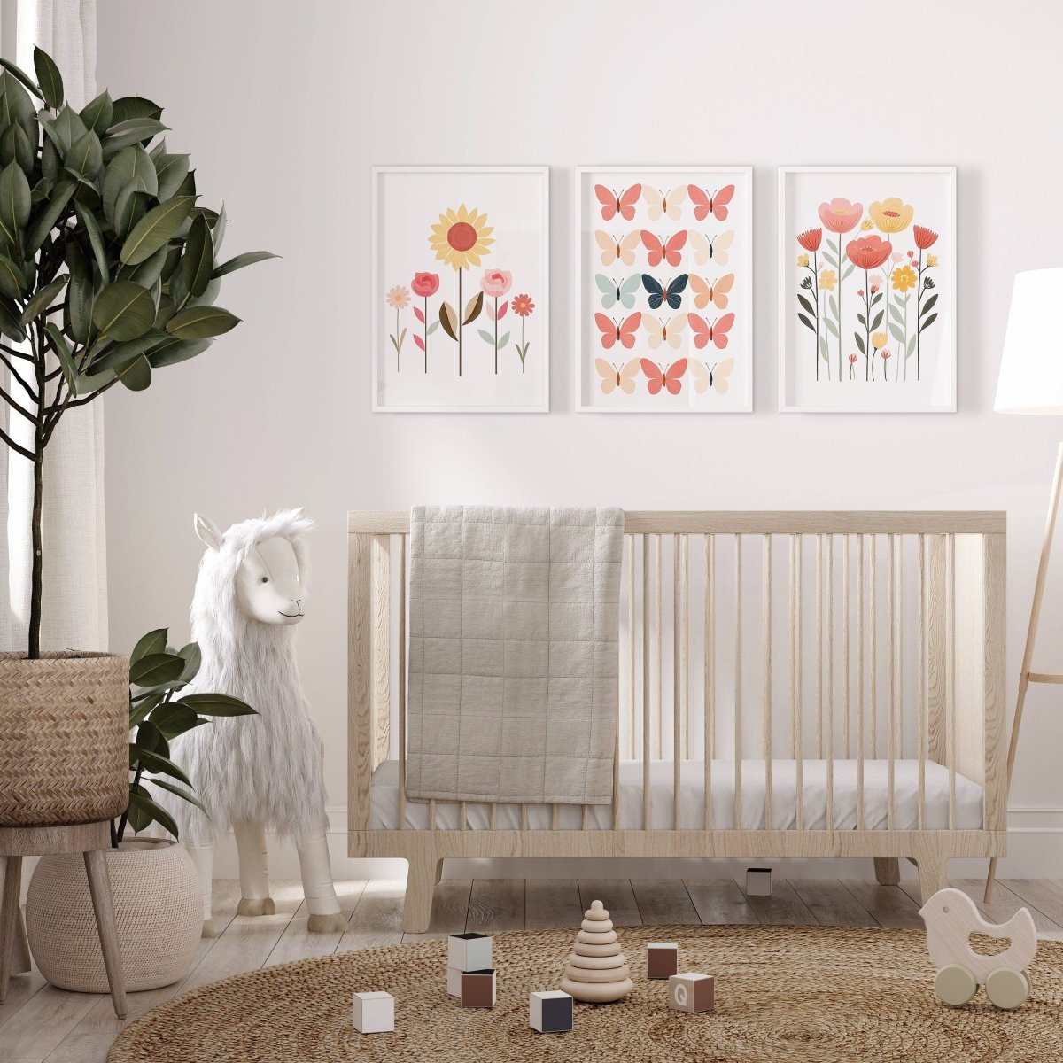 Butterflies and Flowers | Set of 3 Nursery Wall Art | Pink Butterfly Prints for Baby Girls Room - RoseRowanDesign - Wall Art