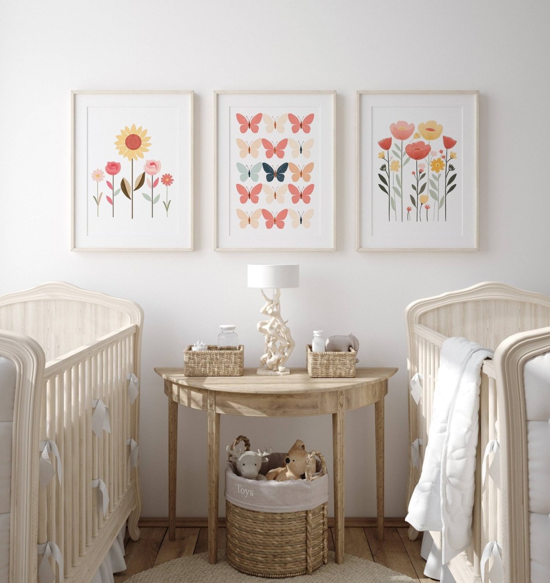 Butterflies and Flowers | Set of 3 Nursery Wall Art | Pink Butterfly Prints for Baby Girls Room - RoseRowanDesign - Wall Art