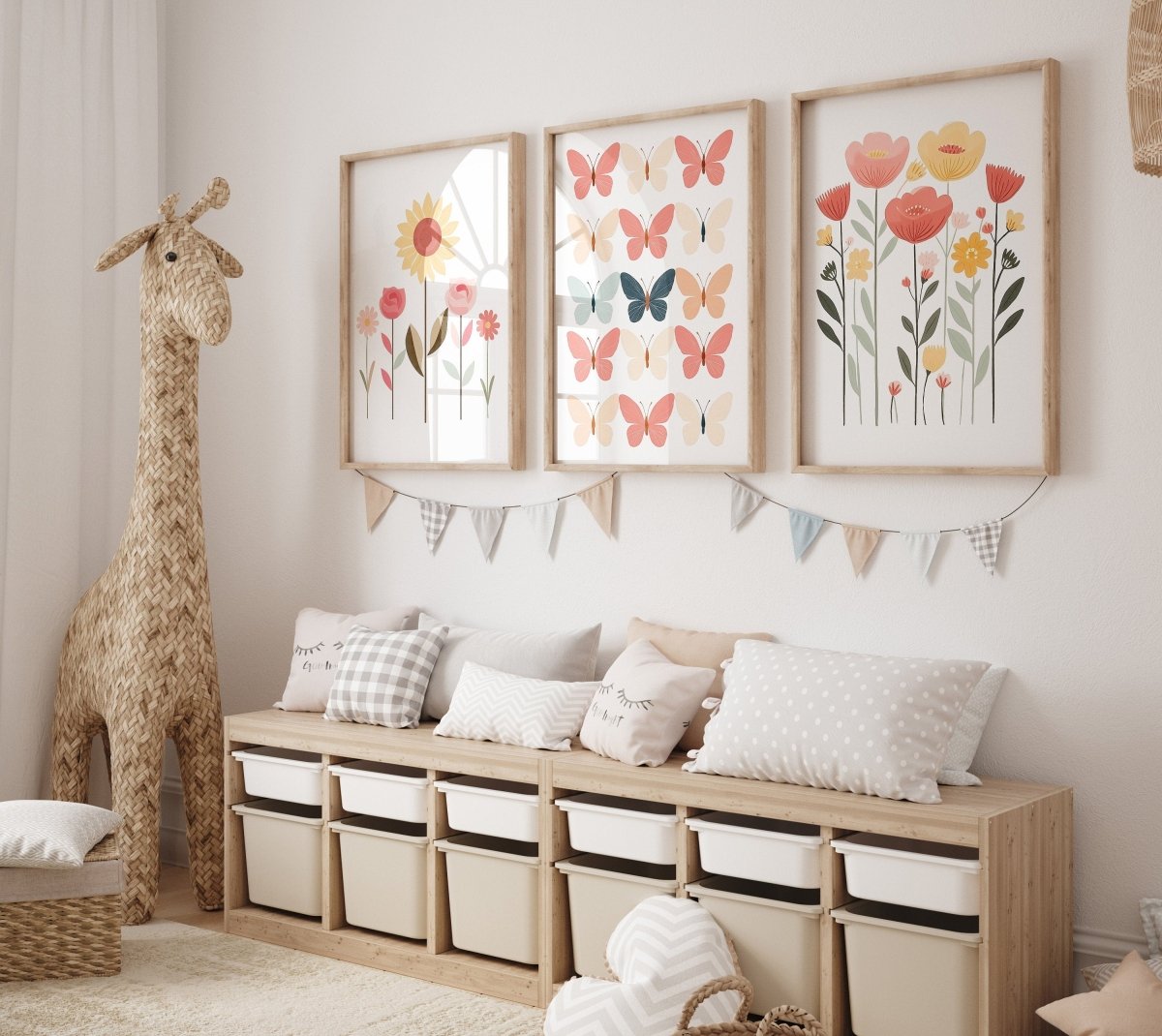 Butterflies and Flowers | Set of 3 Nursery Wall Art | Pink Butterfly Prints for Baby Girls Room - RoseRowanDesign - Wall Art