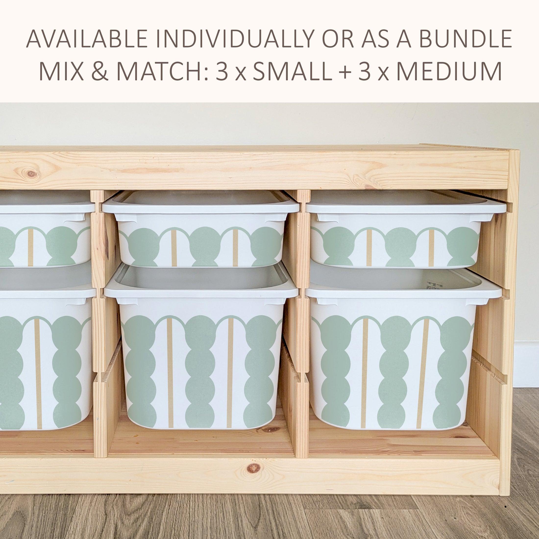 a wooden storage unit with multiple shelves, each containing a white plastic bin with a green and white patterned design. The storage unit appears to be made of wood and has a simple, functional design.