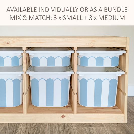 a wooden storage unit with multiple blue and white striped bins arranged on it. The storage unit has a wooden frame and appears to be made of wood.