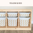 Load image into Gallery viewer, A wooden storage unit with multiple compartments, each containing a white plastic bin with a yellow and red striped pattern.
