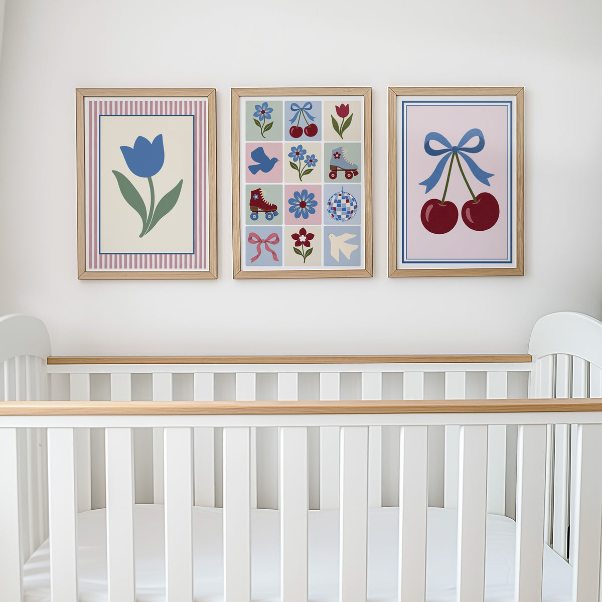 Cherry and floral print set displayed above a cot