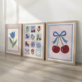 Load image into Gallery viewer, Cherry, tulip and patchwork nursery prints in oak effect frames

