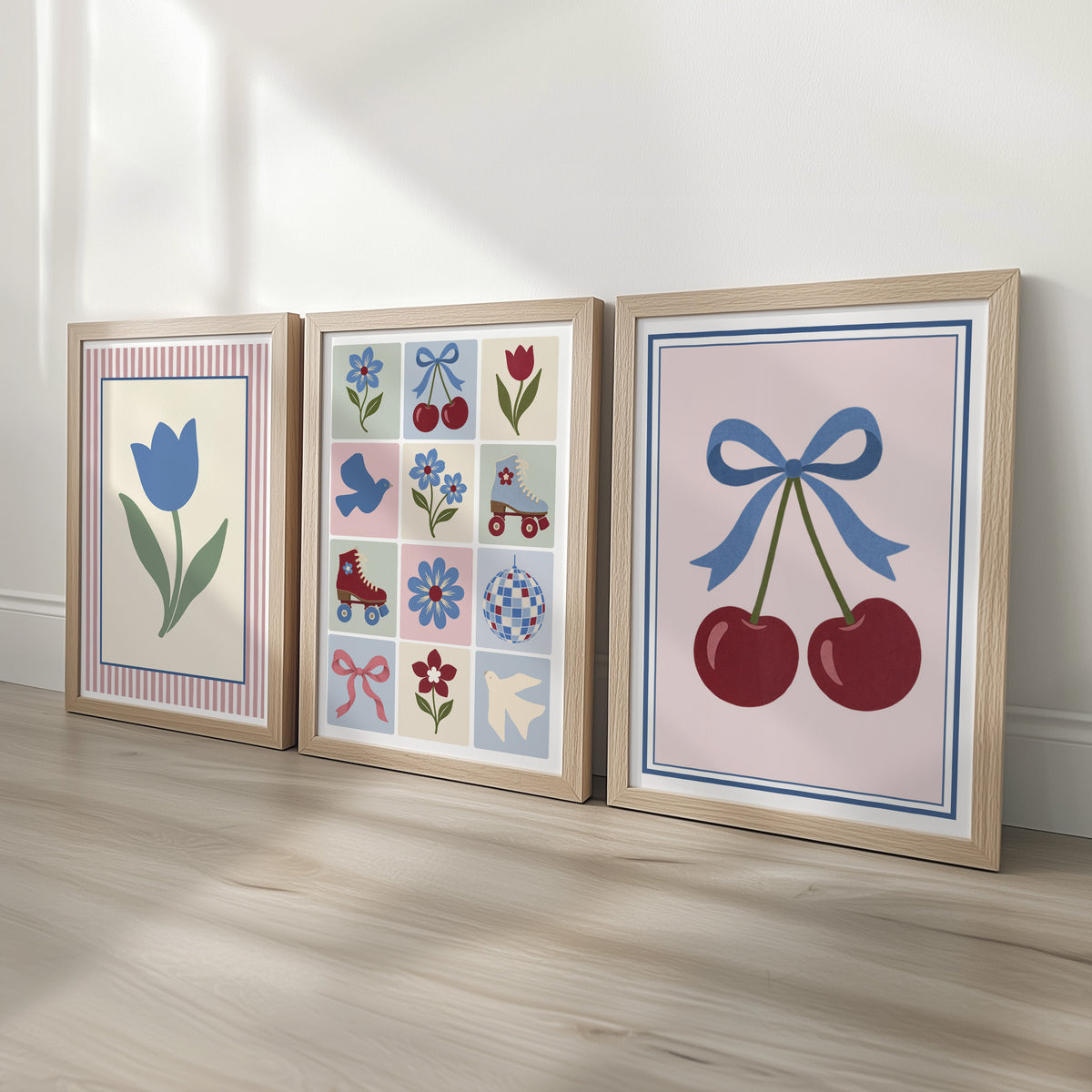 Cherry, tulip and patchwork nursery prints in oak effect frames