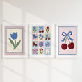 Load image into Gallery viewer, Blue tulip, floral patchwork and cherries with a blue bow in white frames
