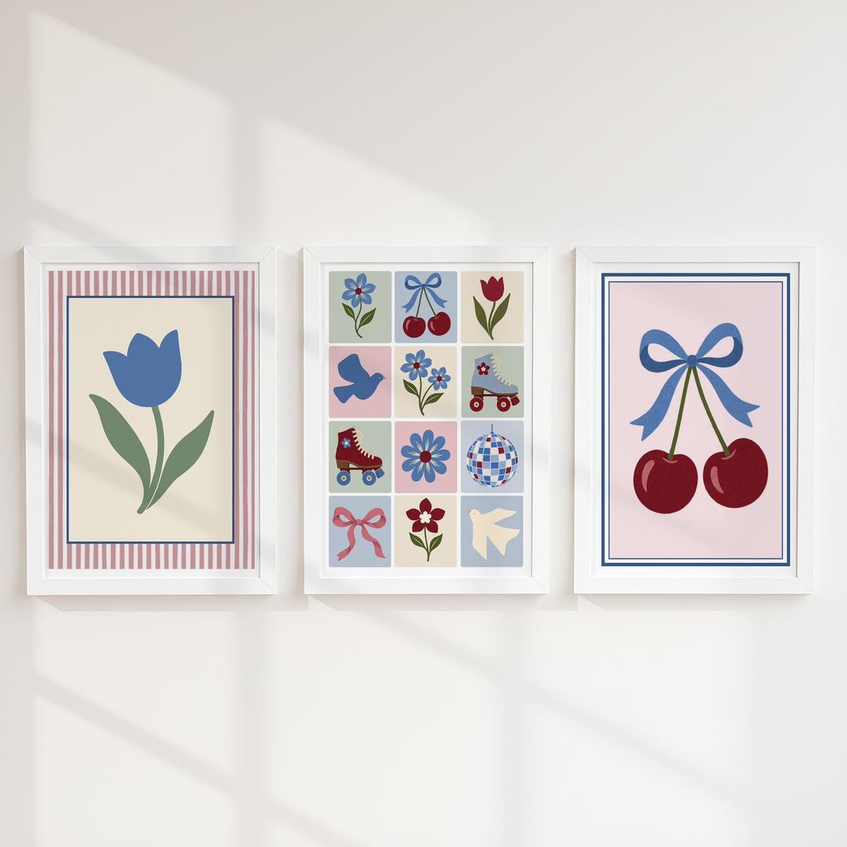 Blue tulip, floral patchwork and cherries with a blue bow in white frames
