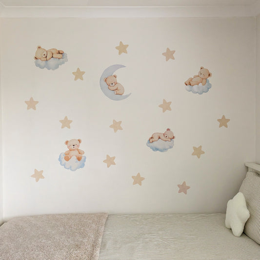 Sleeping Bear & Stars Wall Stickers | Removable Fabric Nursery Decals