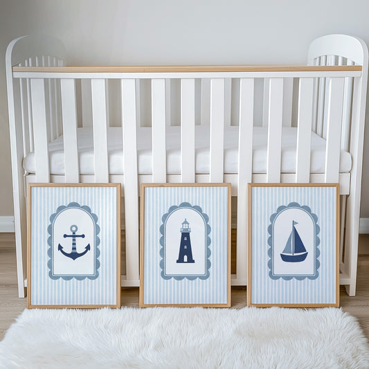 Blue striped coastal print set beside a cot