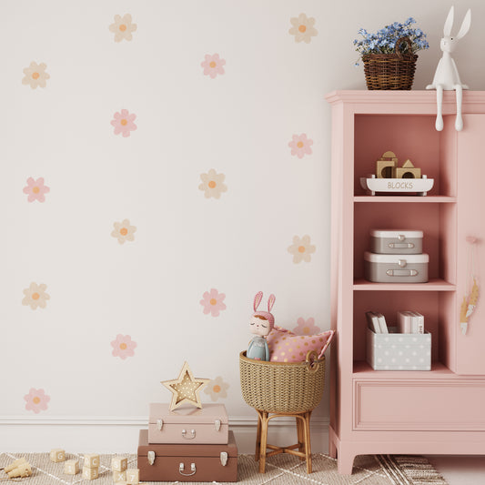 Premium Fabric Nursery Wall Stickers - Daisies - Pink & Beige - RoseRowanDesign