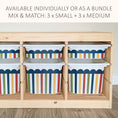Load image into Gallery viewer, a wooden storage unit with multiple compartments, each containing a colorful striped plastic bin. The storage unit has a simple, functional design with a light-colored wood finish.
