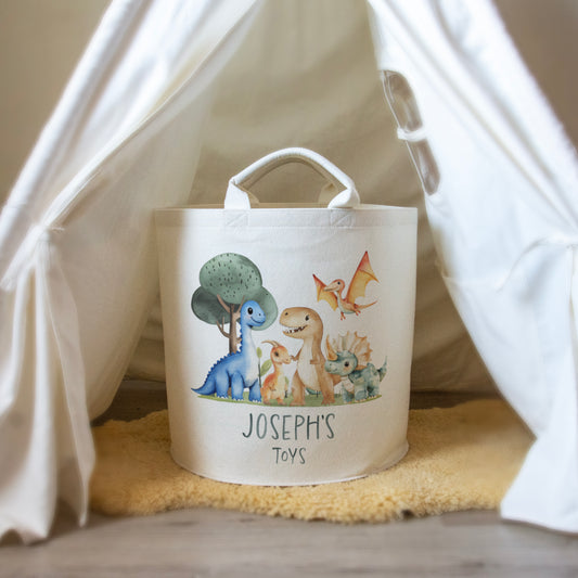 Personalised Toy Trug, dinosaur Nursery Toy Storage, Kids Custom Felt Laundry Basket, Toy Tub for Babies Room,Toy Sack 