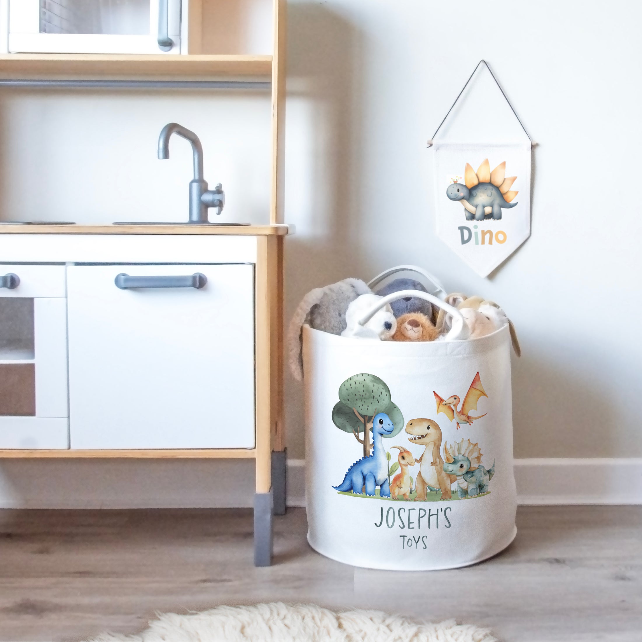 Dinosaur Themed Personalised Toy Trug for Kids Room or Nursery - RoseRowanDesign