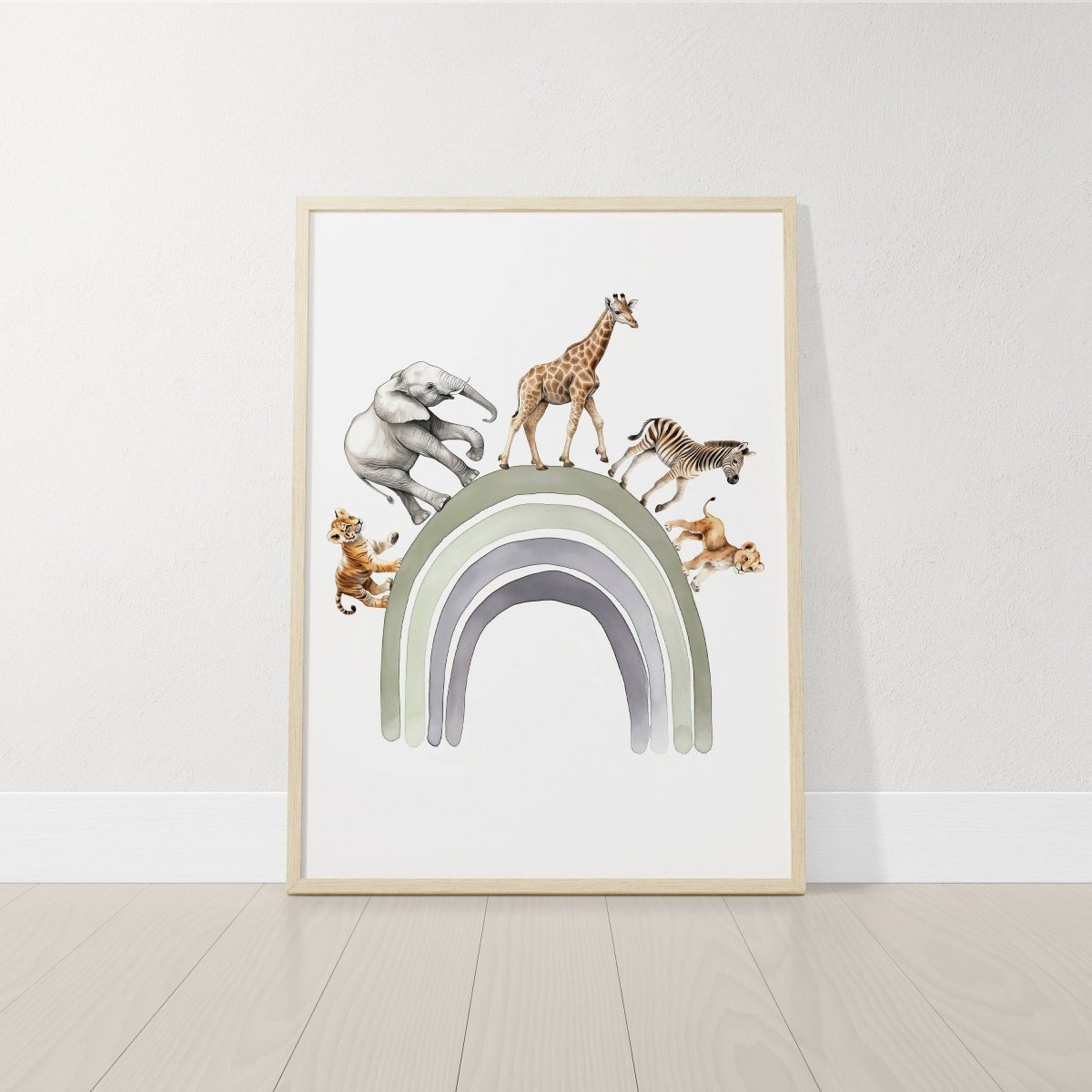 Dream Big Safari Animals, Rainbow and Hot Air Balloon | Green | Set of 3 Nursery Prints - RoseRowanDesign - 