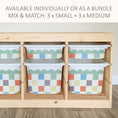 Load image into Gallery viewer, a wooden shelf with multiple storage bins arranged on it. The bins have a checkered pattern and are available in different sizes, including small, medium, and large.
