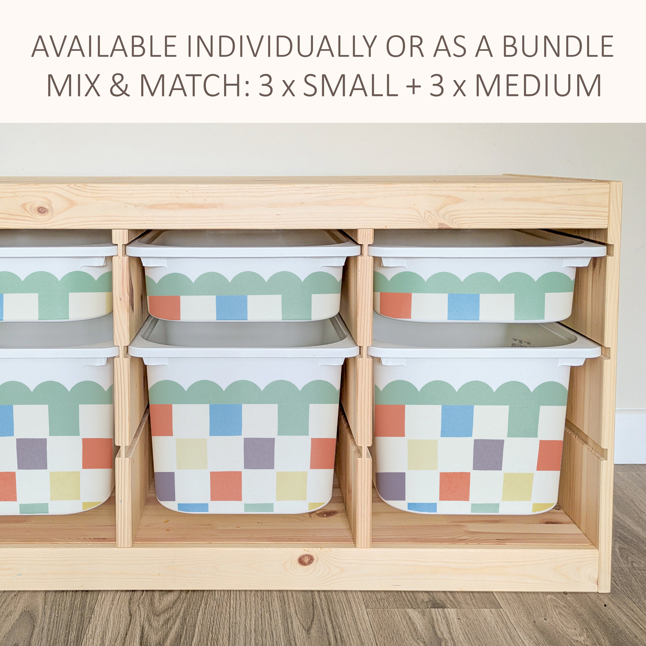a wooden shelf with multiple storage bins arranged on it. The bins have a checkered pattern and are available in different sizes, including small, medium, and large.