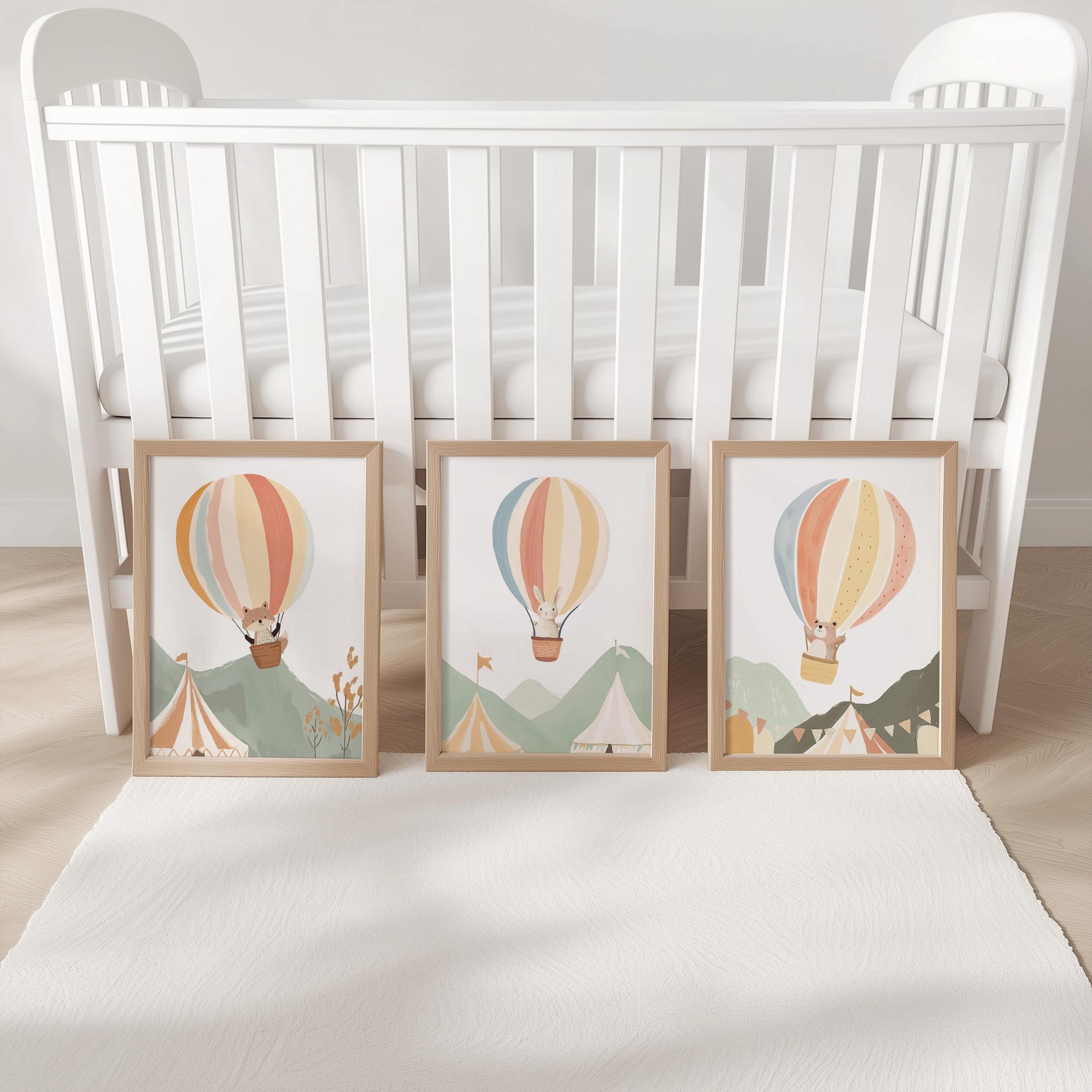 Hot Air Balloon Animals Nursery Prints, Set Of 3 Whimsical Folk Decor, Kids Wall Art Unisex Optional Frame, Personalised Playroom Posters - RoseRowanDesign