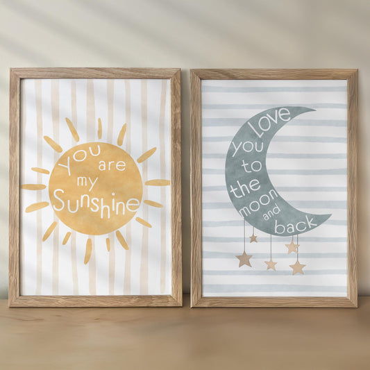 Boho Moon & Sun Nursery Prints – Gender Neutral Wall Art for Baby's Room & Playroom - RoseRowanDesign