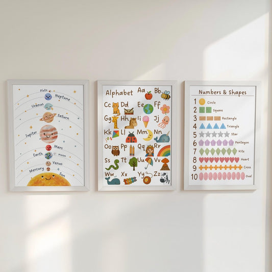 Educational Nursery Prints Set - Solar System Alphabet Numbers Shapes Wall Art for Kids - RoseRowanDesign - 