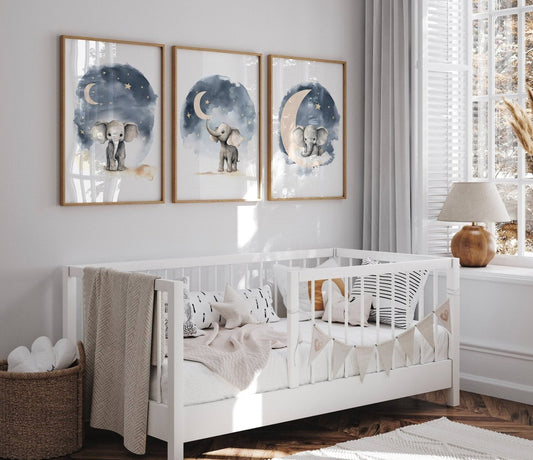Elephant Nursery Prints | Set of 3 Wall Art for Boys & Girls | Boho Decor | Gender Neutral - RoseRowanDesign - Wall Art