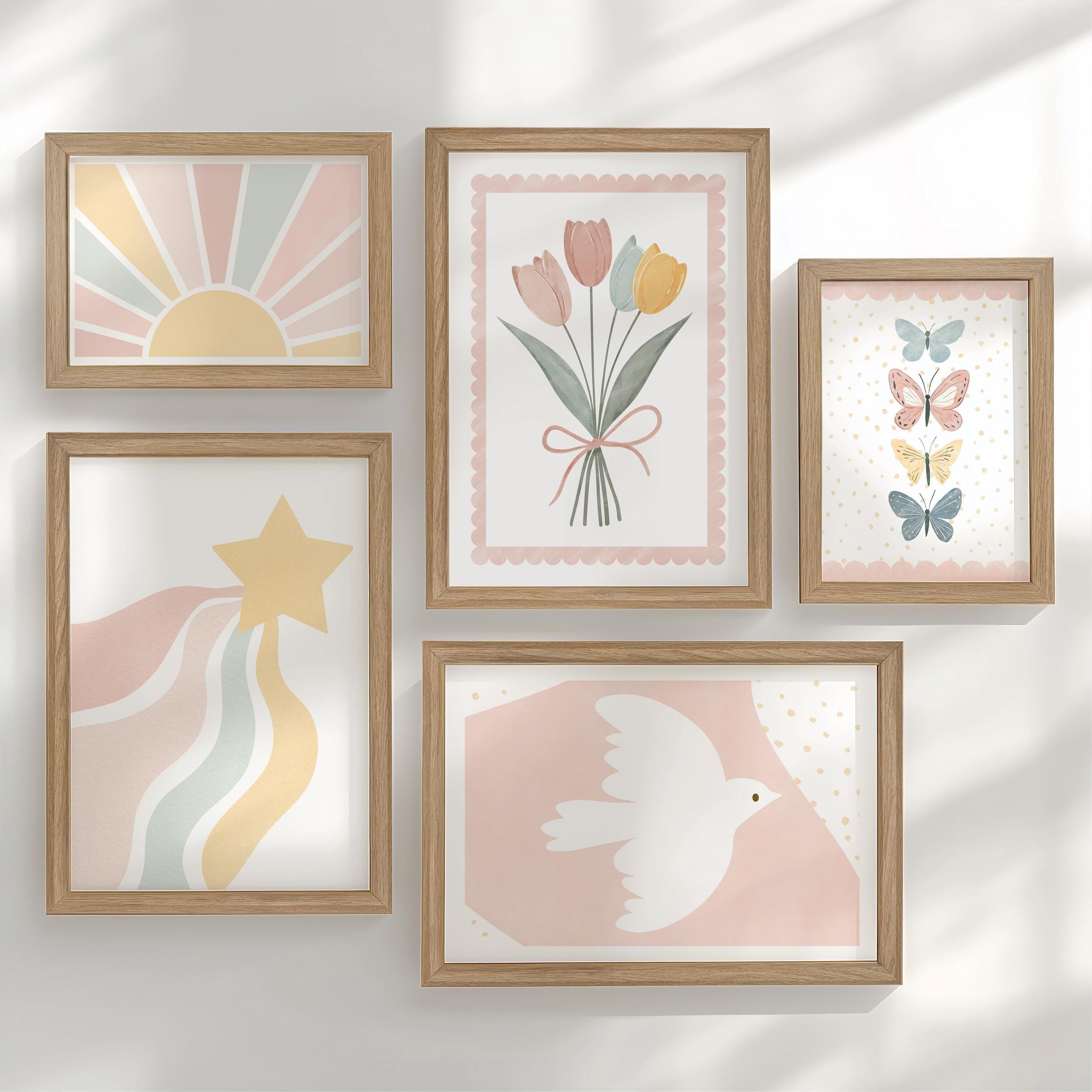 Pastel Nursery Gallery Wall Art – Tulips, Dove & Butterflies