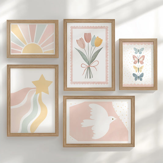 Pastel Nursery Gallery Wall Art – Tulips, Dove & Butterflies