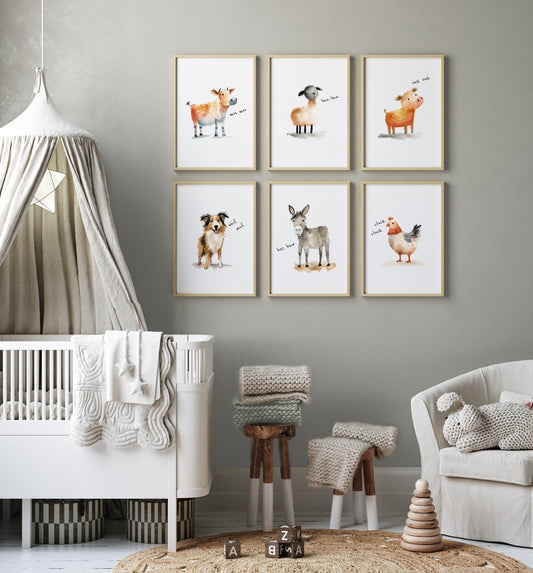 Farm Animal Nursery Prints | Set of 6 | Farmhouse Wall Art for Baby Boy's Room or Gender - Neutral Decor - RoseRowanDesign - 