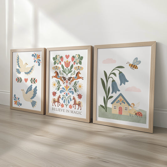 Folk art nursery print set featuring doves, Believe in Magic horses and a fairy cottage