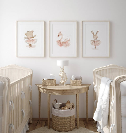 Girls Ballet Nursery Prints | Set of 3 | Bunny, Swan & Teddy in Pink Tutus for Girls' Bedroom - RoseRowanDesign - 