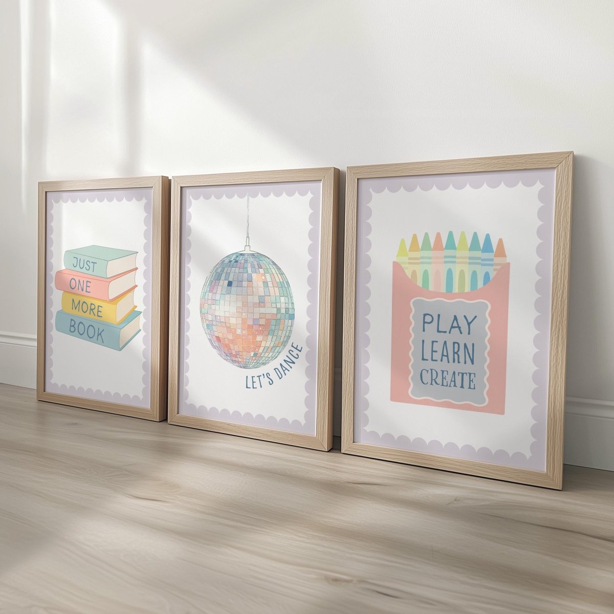 Girls Wall Art Prints Set - Pastel Books Disco Ball Crayons - RoseRowanDesign - 