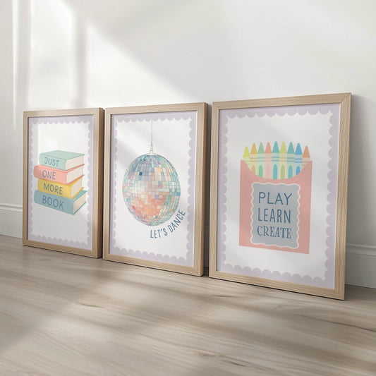 Girls Wall Art Prints Set - Pastel Books Disco Ball Crayons - RoseRowanDesign - 