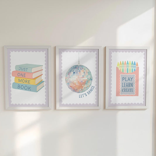 Girls Wall Art Prints Set - Pastel Books Disco Ball Crayons - RoseRowanDesign - 