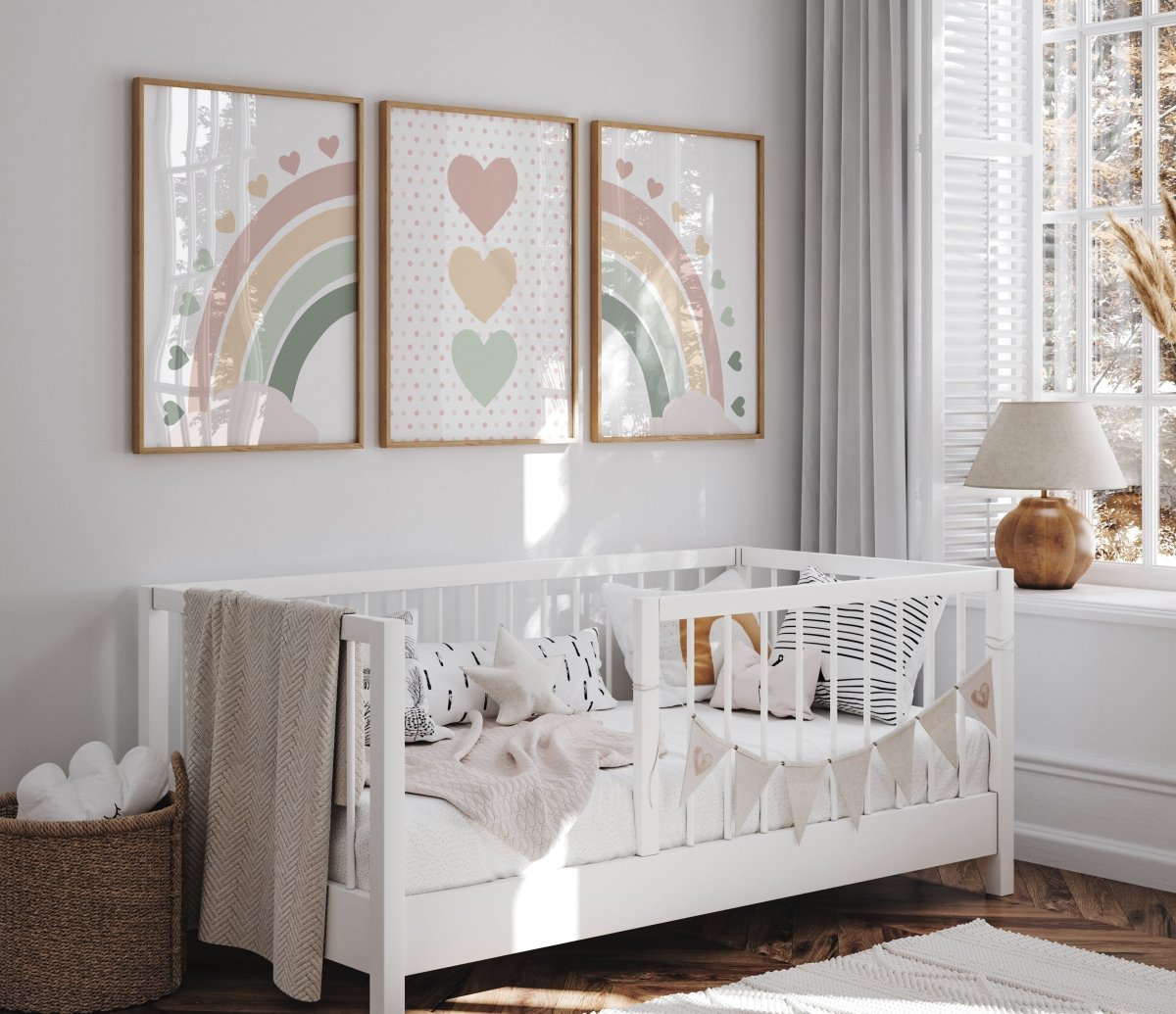 Hearts and Rainbow | Set of 3 Prints | Dusty Pink and Green - RoseRowanDesign - Wall Art